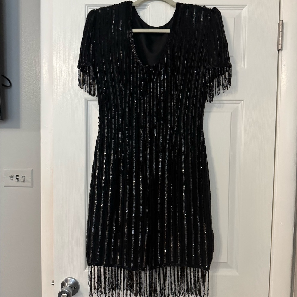 GREAT GATSBY  Black and Silver SILK Ruffled Mini Dress